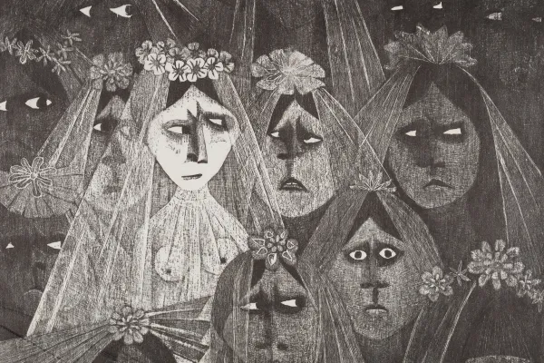 Grayscale illustration of a group of women wearing veils with uneasy or fearful expressions.