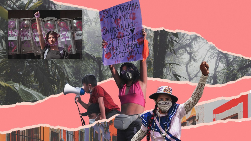 A collage of people of Mexico demonstrating placed against a pink background