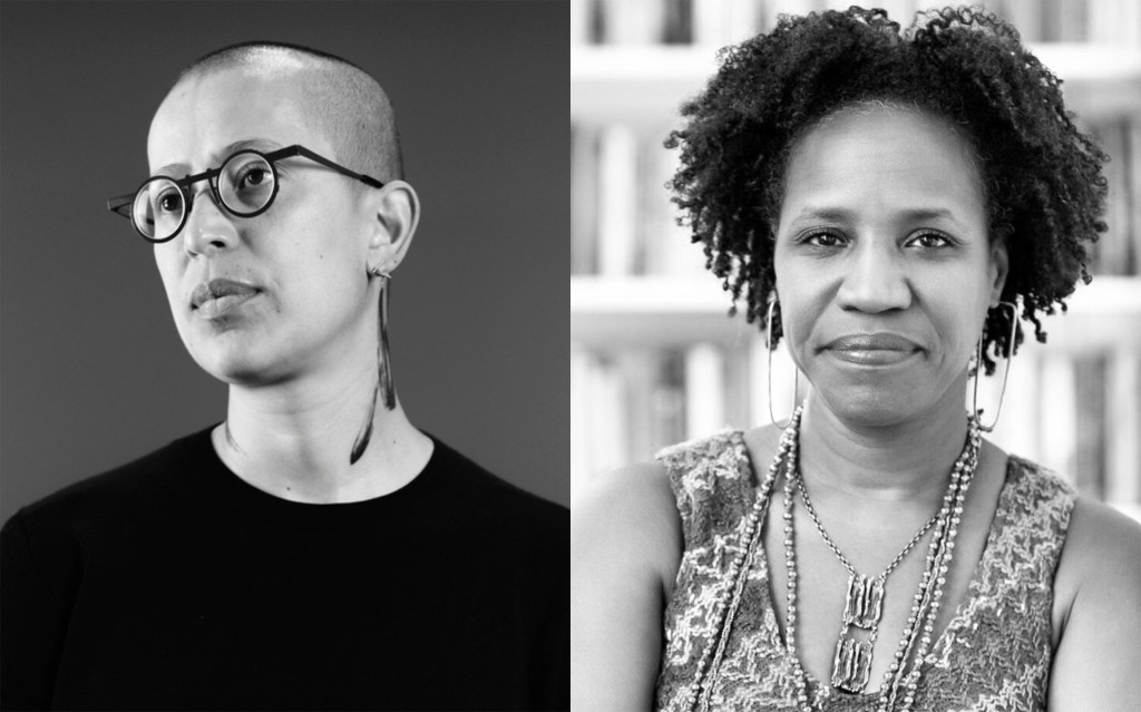 Grey-scaled headshot images of Gabrielle Goliath to the left wearing a black shirt and black-circular frame glasses. And Tina Campt to the right wearing a knit-patterned shirt and various bead necklaces.