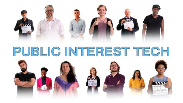 A montage of a group of people, lined up in two rows, with the phrase "Public Interest Tech" between them.