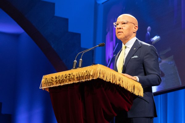 Darren Walker, in a suit and tie, standing at a podium, speech on March 4, 2024, at Cooper Union’s Great Hall in New York City as part of the Benjamin Menschel Distinguished Lecture series.