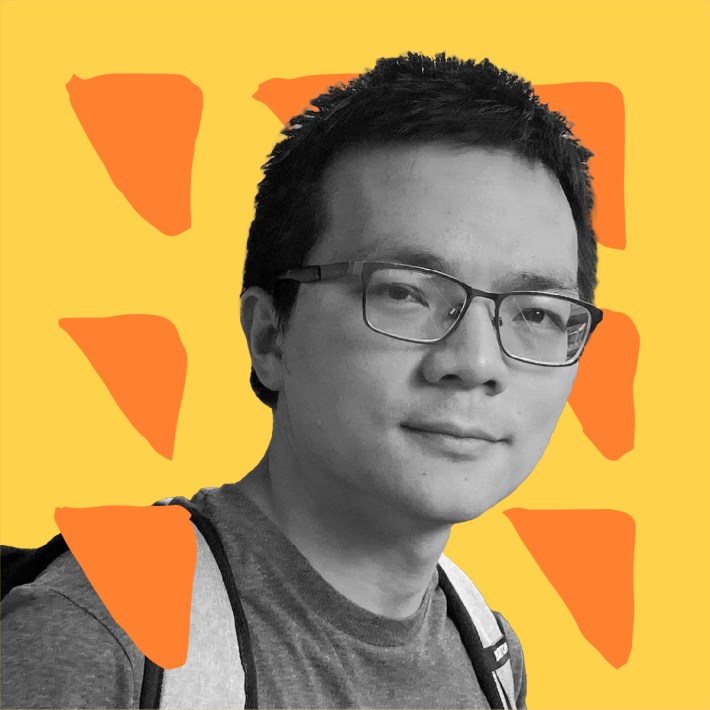 B&W portrait of Dr. Weixiang Chen against a colorful geometric pattern.