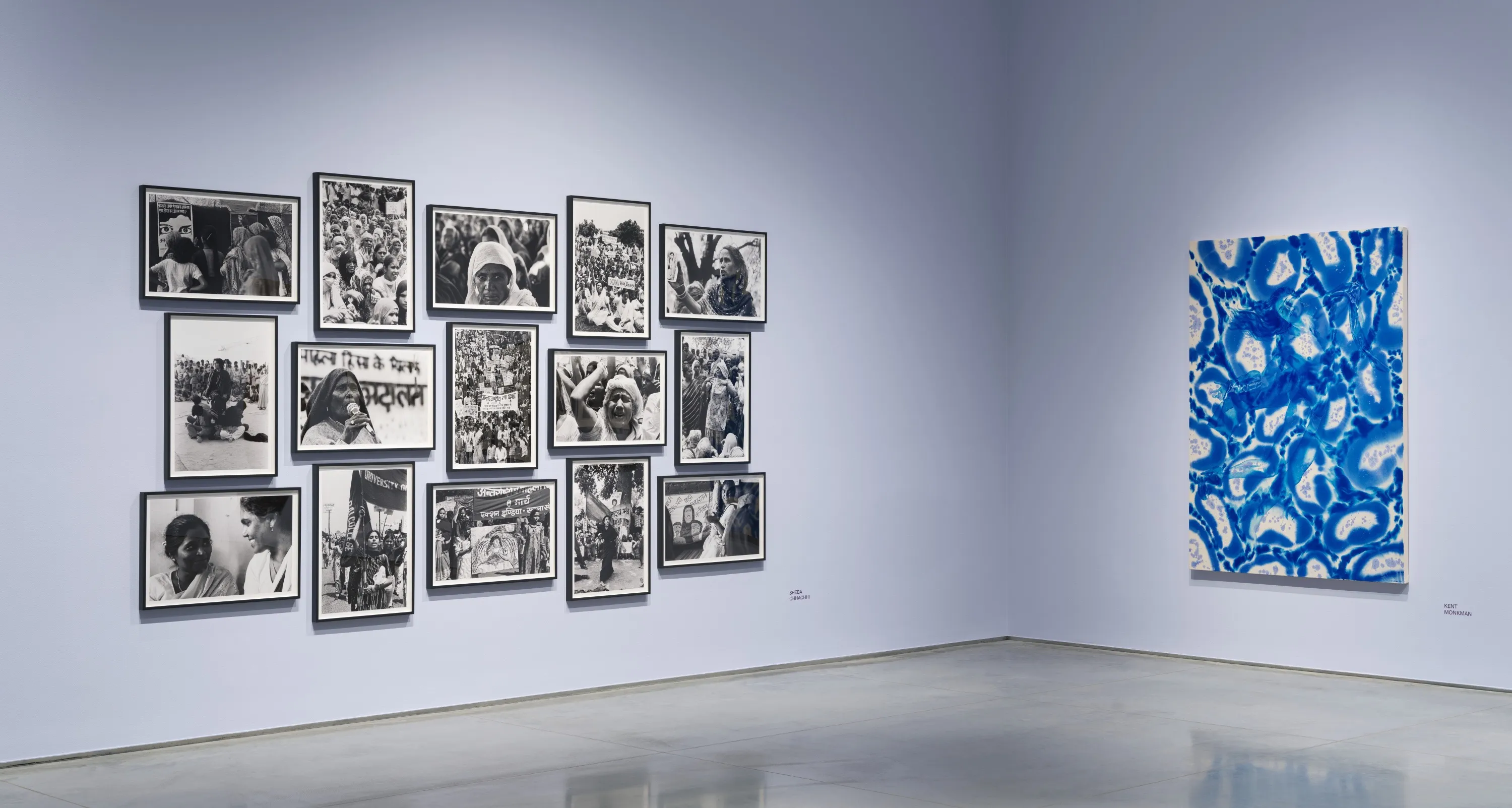Gallery interior with light lavender walls and a gray floor. On the left wall is an arrangement of fifteen framed black and white photographs depicting protest movements. On the right wall is a painting featuring a blue and white pattern.