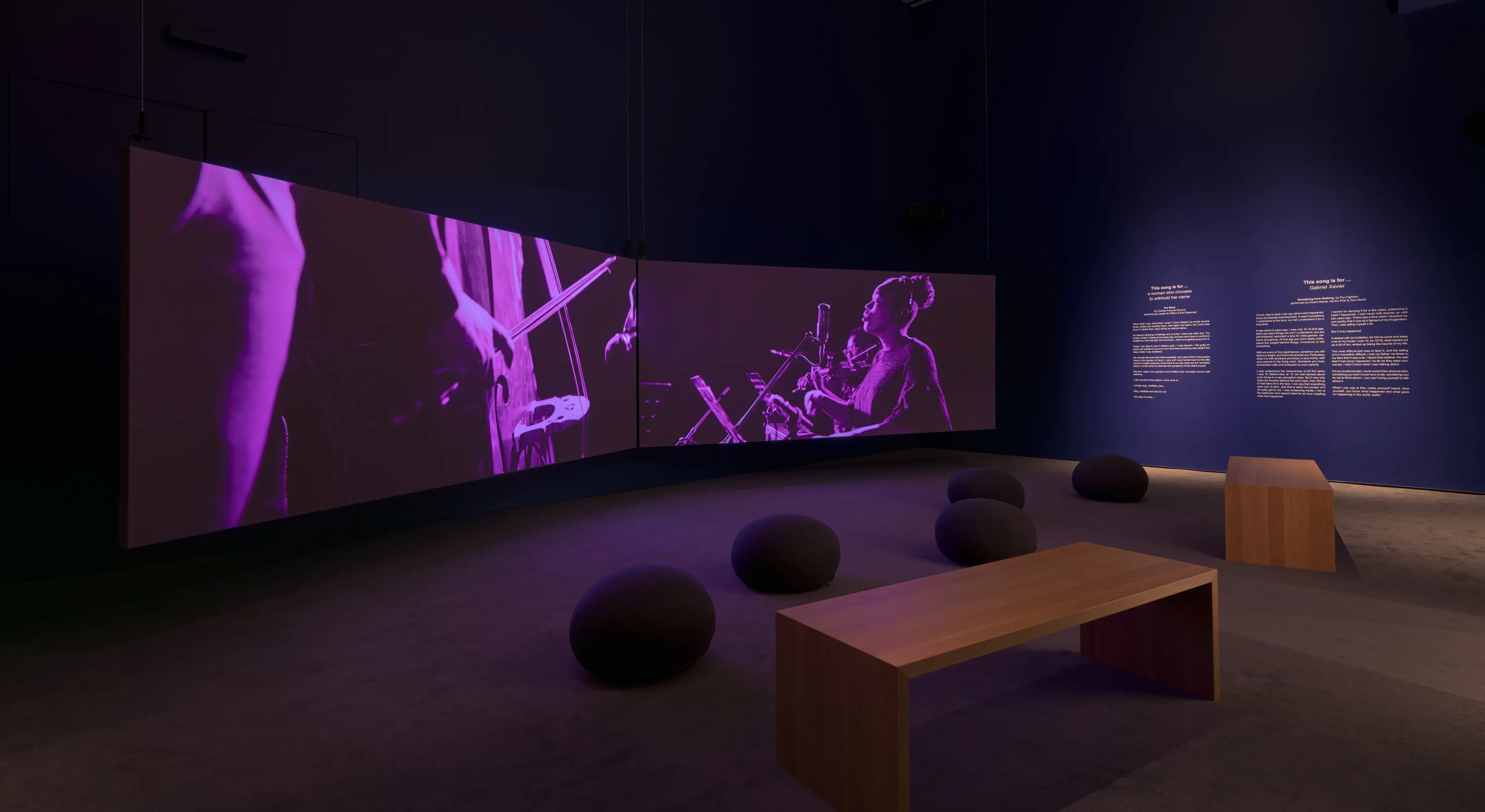 Two rectangular screens in a screening room with dark purple walls and gray carpeted floor. On the walls is text relating to the artwork installation. There is a seating arrangement on the floor of two wooden benches and several cushion pods.