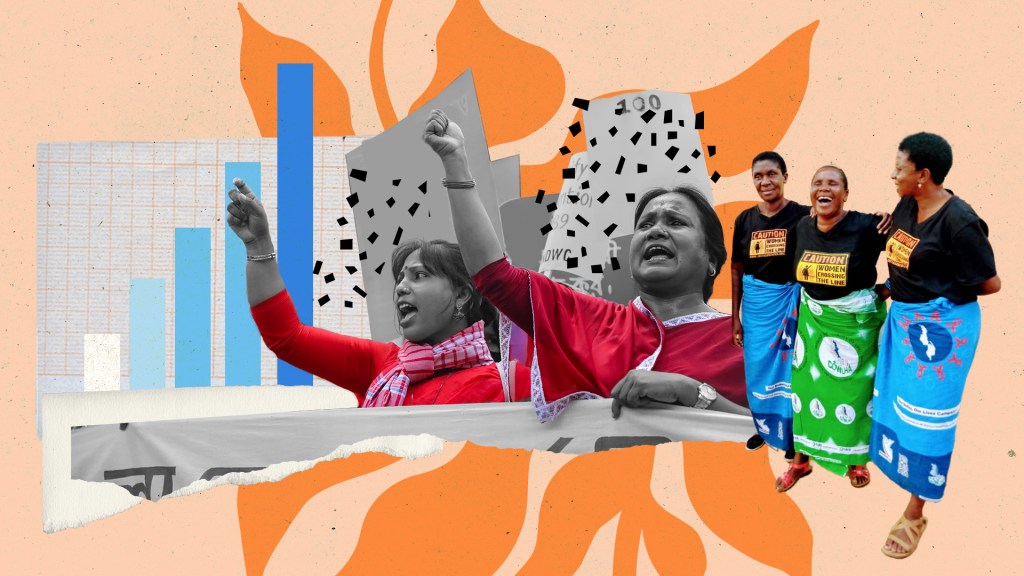 A collage illustration of demonstrators against an orange background