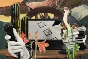 A collage from the report's internal copy made up of a hand holding a microphone, various plants, a stack of papers, a bird, and various other items.