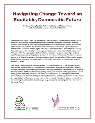 Cover of the "Navigating Change Toward and Equitable, Democratic Future" report.