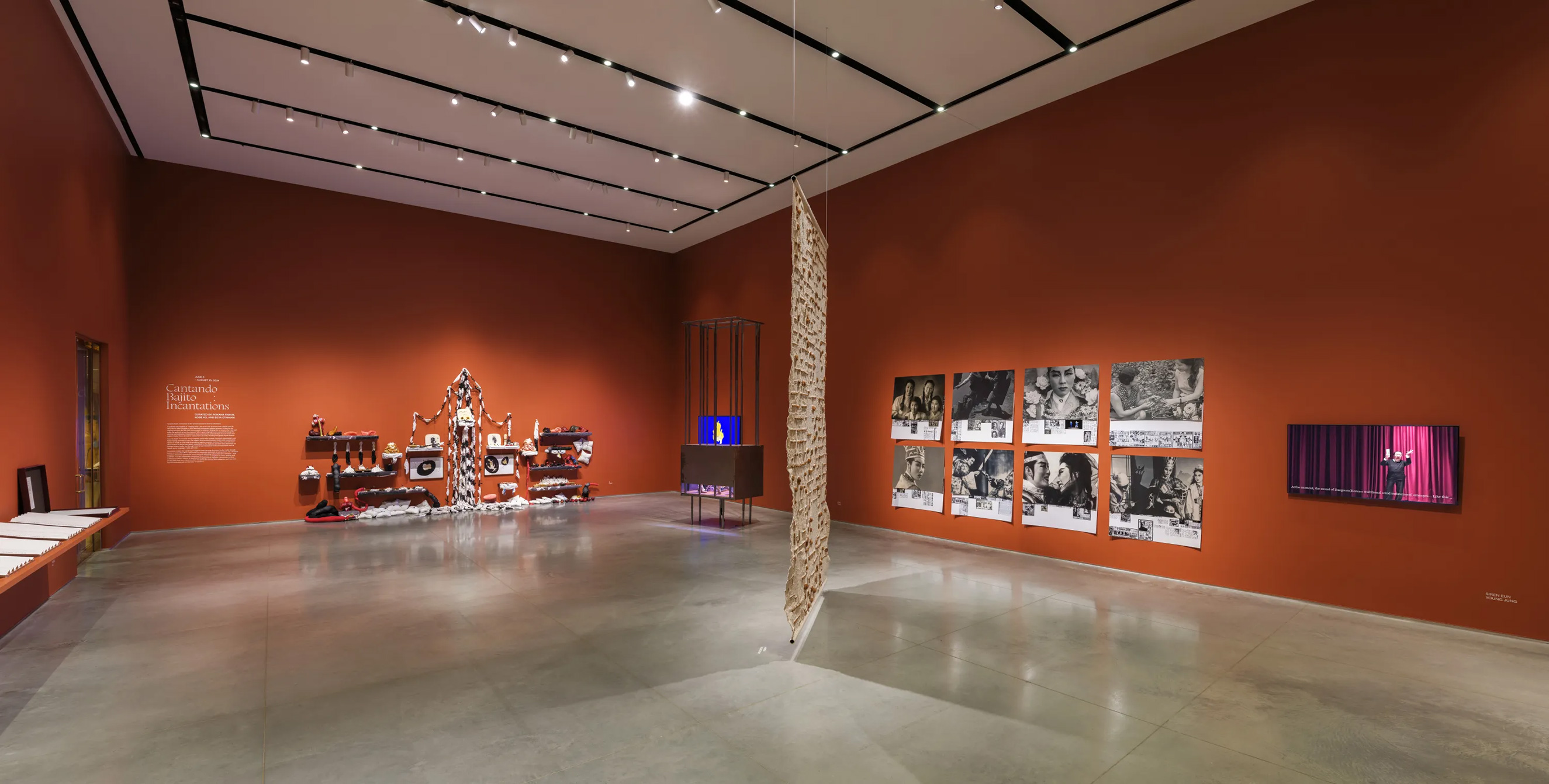 Gallery interior with terracotta-red walls and a gray floor. There are artworks installed on the wall, tv monitors, a suspended tapestry, and a free-standing cage sculpture.