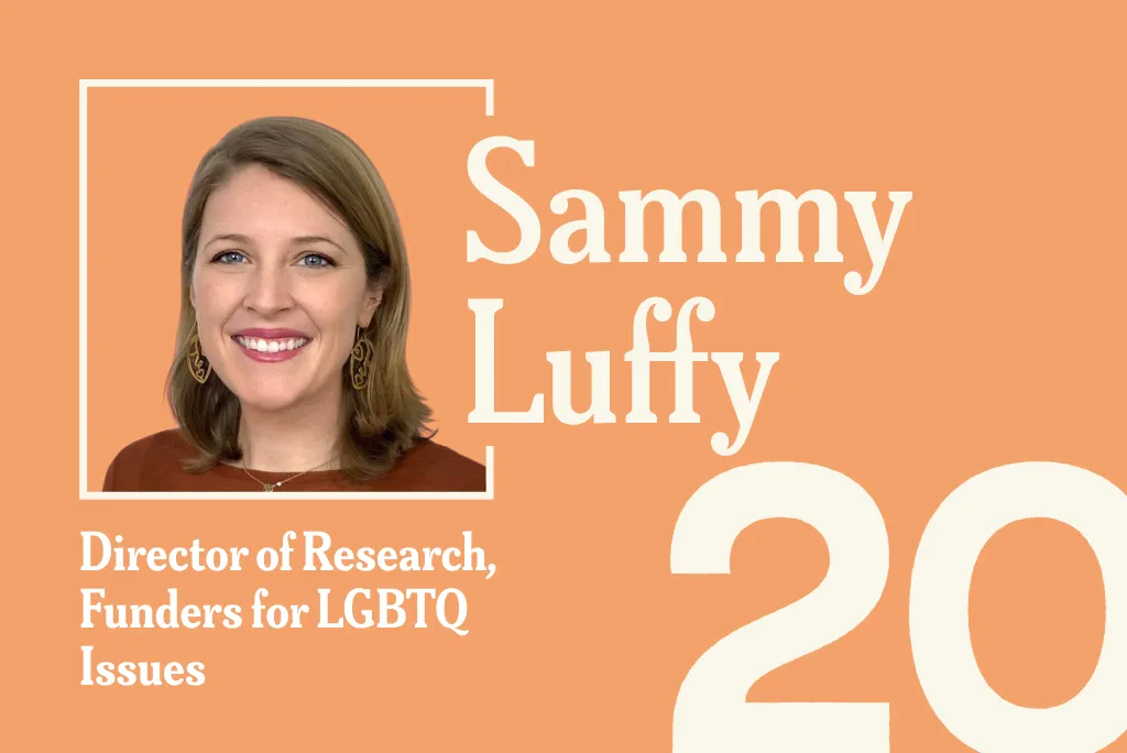 A peach-orange promotional graphic featuring a headshot of Sammy Luffy, Director of Research at Funders for LGBTQ Issues, with the number "20" displayed in large white text across the bottom right.