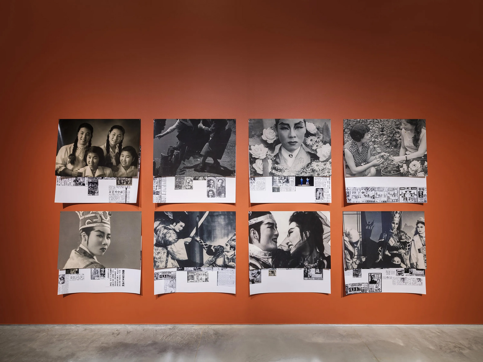 Photo collage installed in a grid featuring historical photographs of East Asian stage performers and Korean newspaper cuttings.