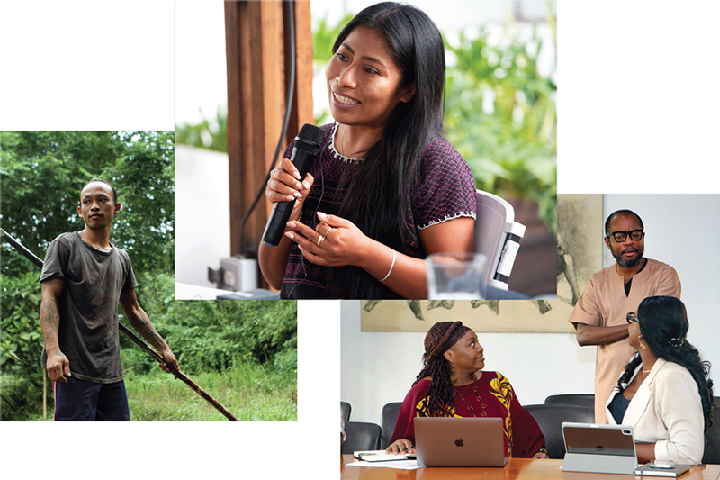 A 3 picture collage of an Indonesian man steering a canoe with a push pole, Yalitza Aparicio speaking into a microphone at a conference table, and a group of Nigerian colleagues discussing something at a conference table.