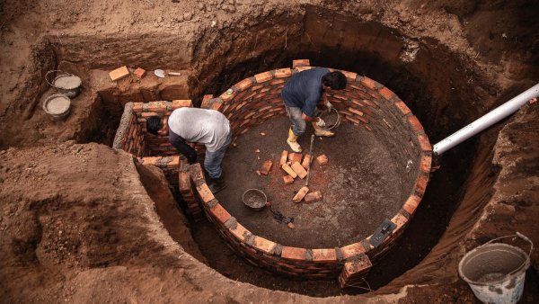 Two workers are constructing a circular brick structure in a large, round pit. They are laying bricks and mortar, and various construction tools and materials are scattered around. The surroundings are earth-toned, and there is a pipe extending into the pit.