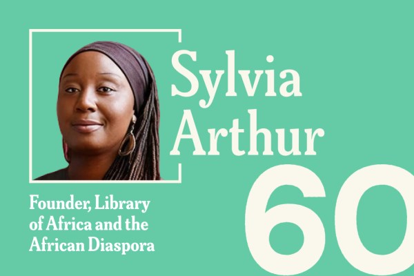 A teal promotional graphic featuring a headshot of Sylvia Arthur, Founder of the Library of Africa and the African Diaspora, with the number "60" displayed in large white text across the bottom right.