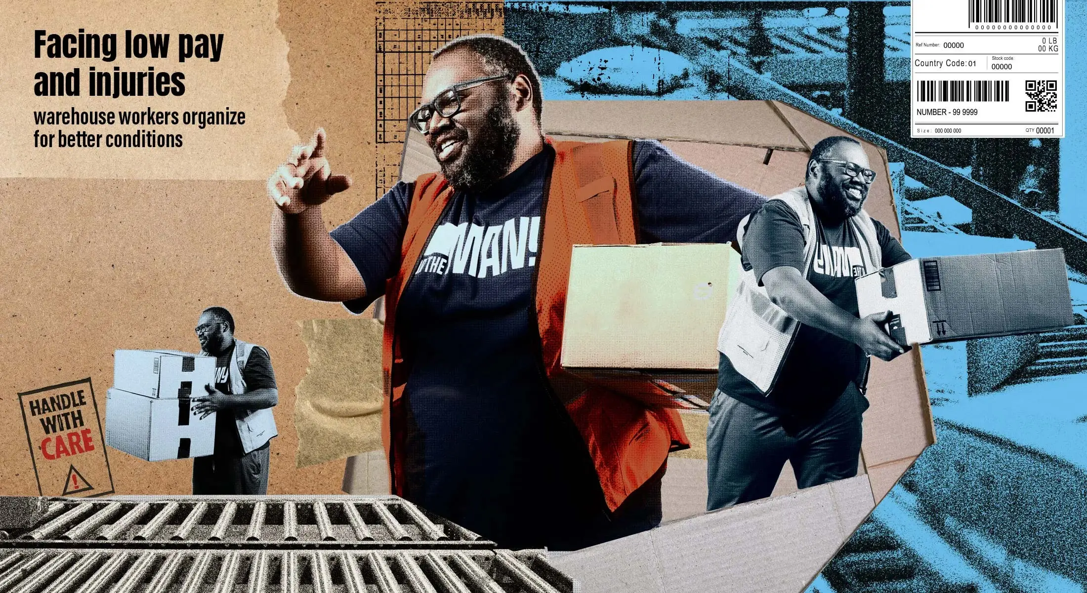 Keith Williams a warehouse worker seen pictured in various poses in color and black and white. These images are amongst cardboard box, and blue textures.