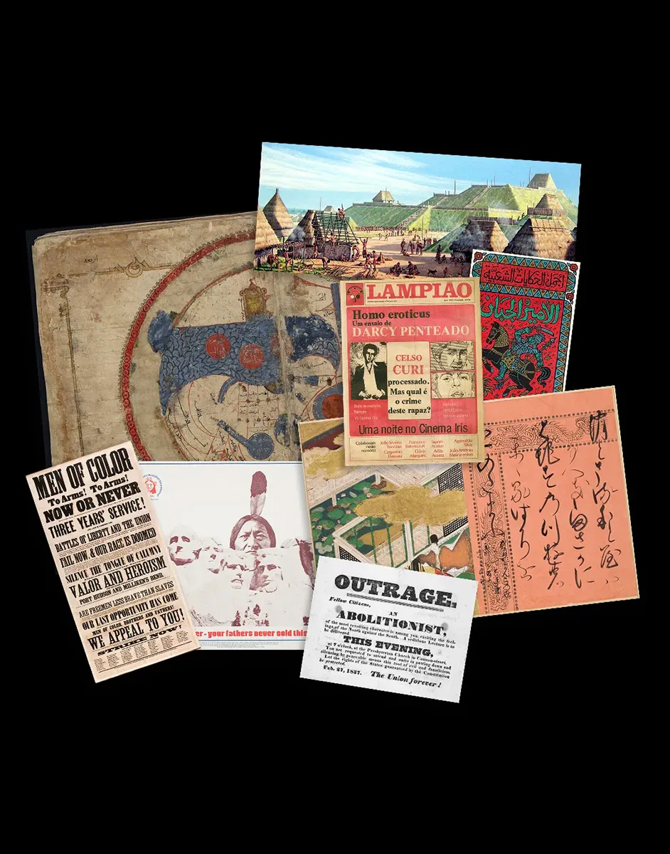 Slideshow of archival documents like maps, diagrams, and posters, all related to BIPOC design.