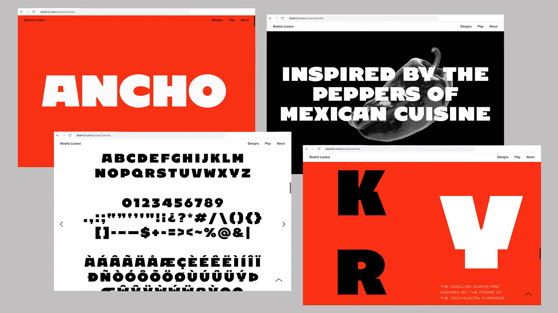 Interactive webpage explaining the inspiration and properties of the font Ancho.