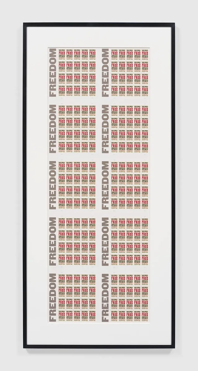 Sheet of postage stamps in grids, each with text from the Emancipation Proclamation.