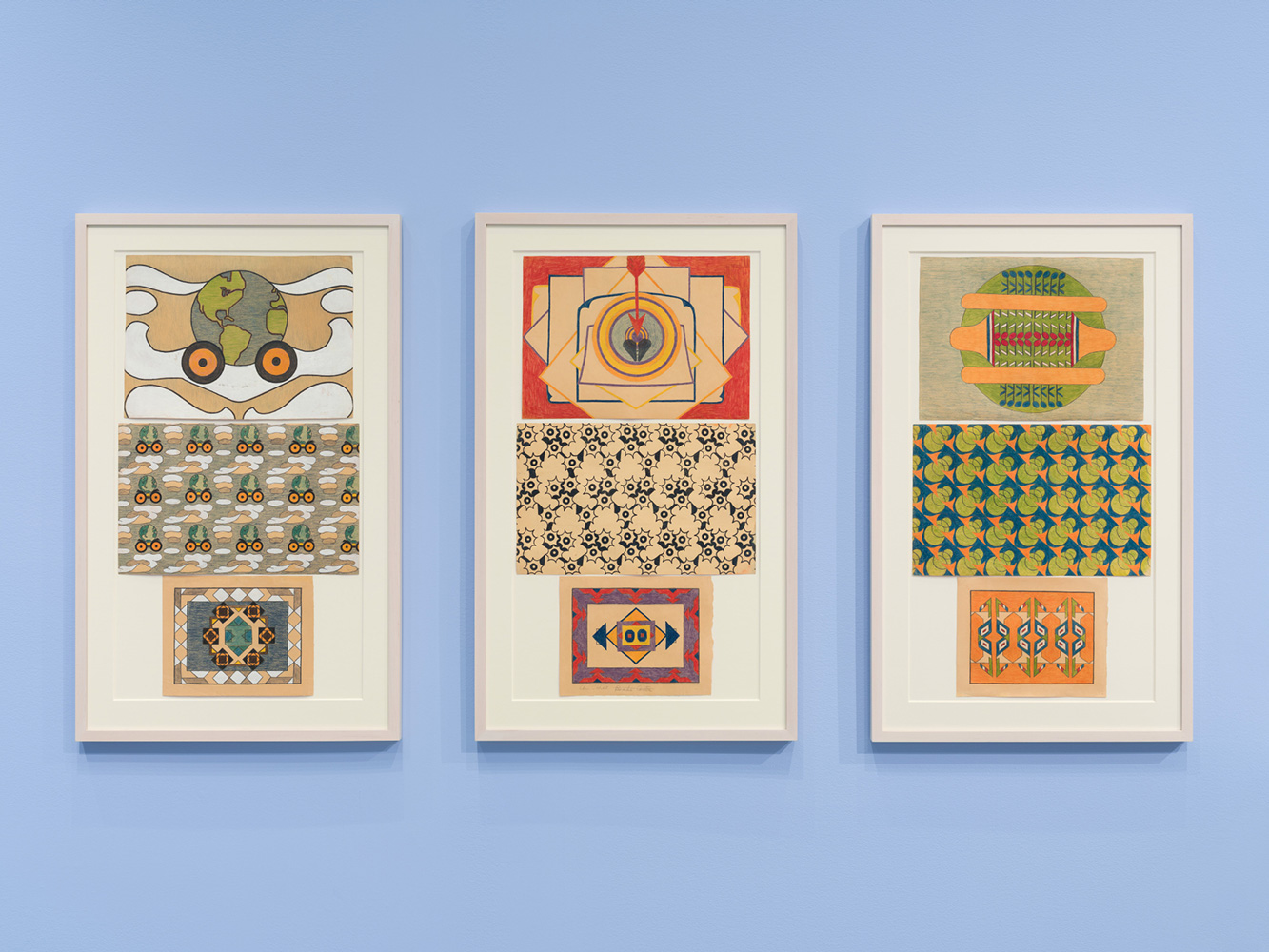 Three drawings made up of three panels each. Each panel features a different abstract pattern.