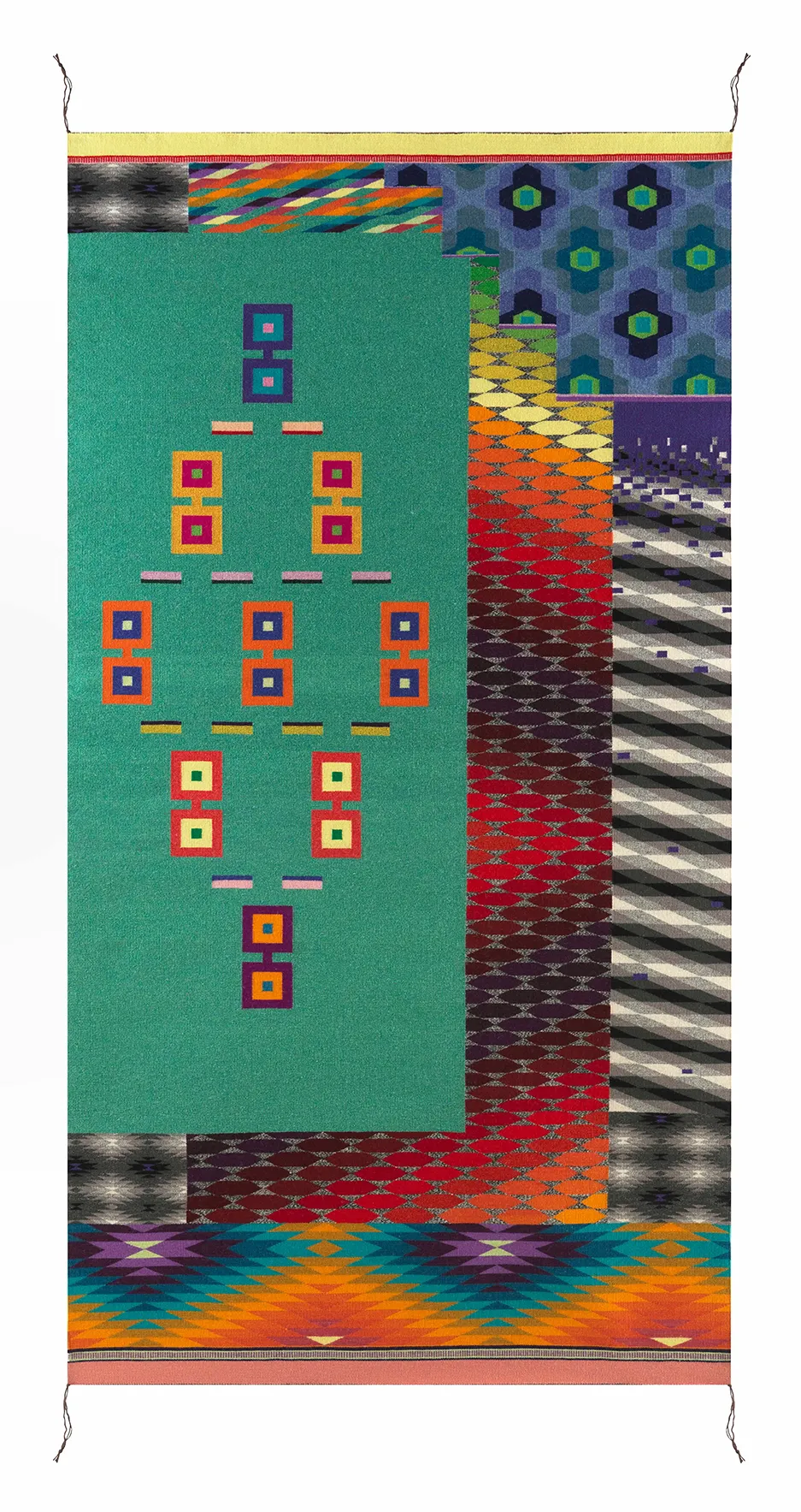 Tapestry with multiple geometric patterns.