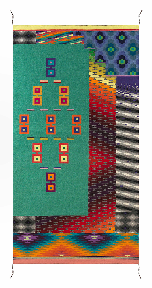 Tapestry with multiple geometric patterns.