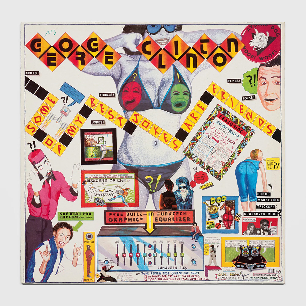 George Clinton album cover with tiled text, cartoons, and a bikini clad woman.