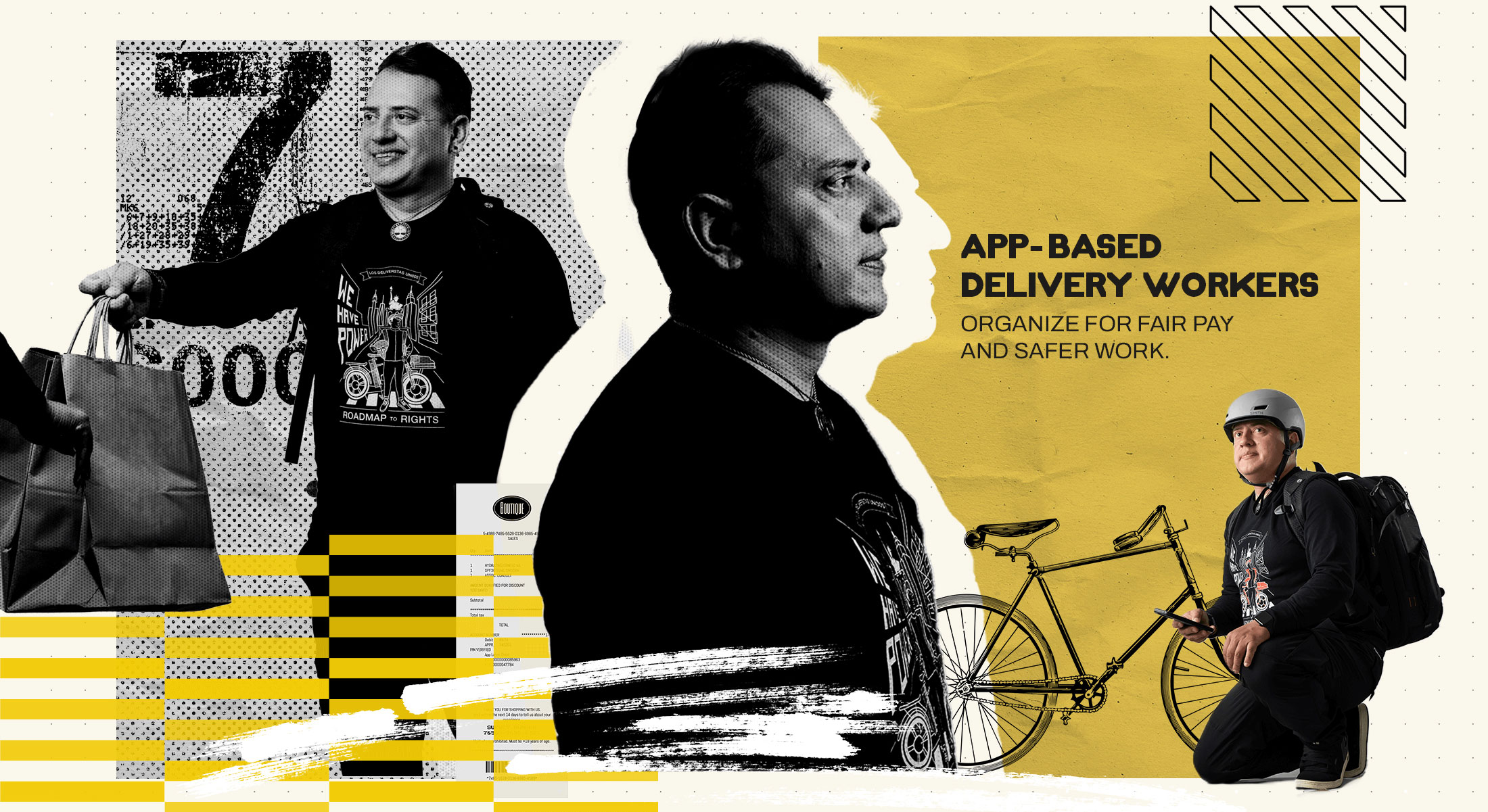 William Medina a delivery worker seen pictured in various poses in color and black and white. These images are amongst yellow, black and sand grain textures.