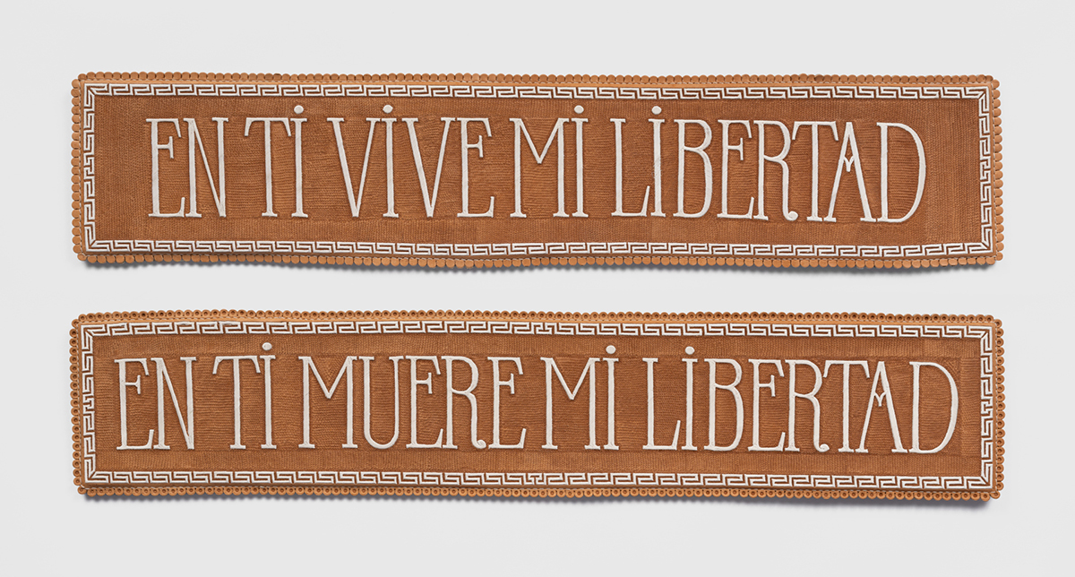 Two rust colored banners with white Spanish text.
