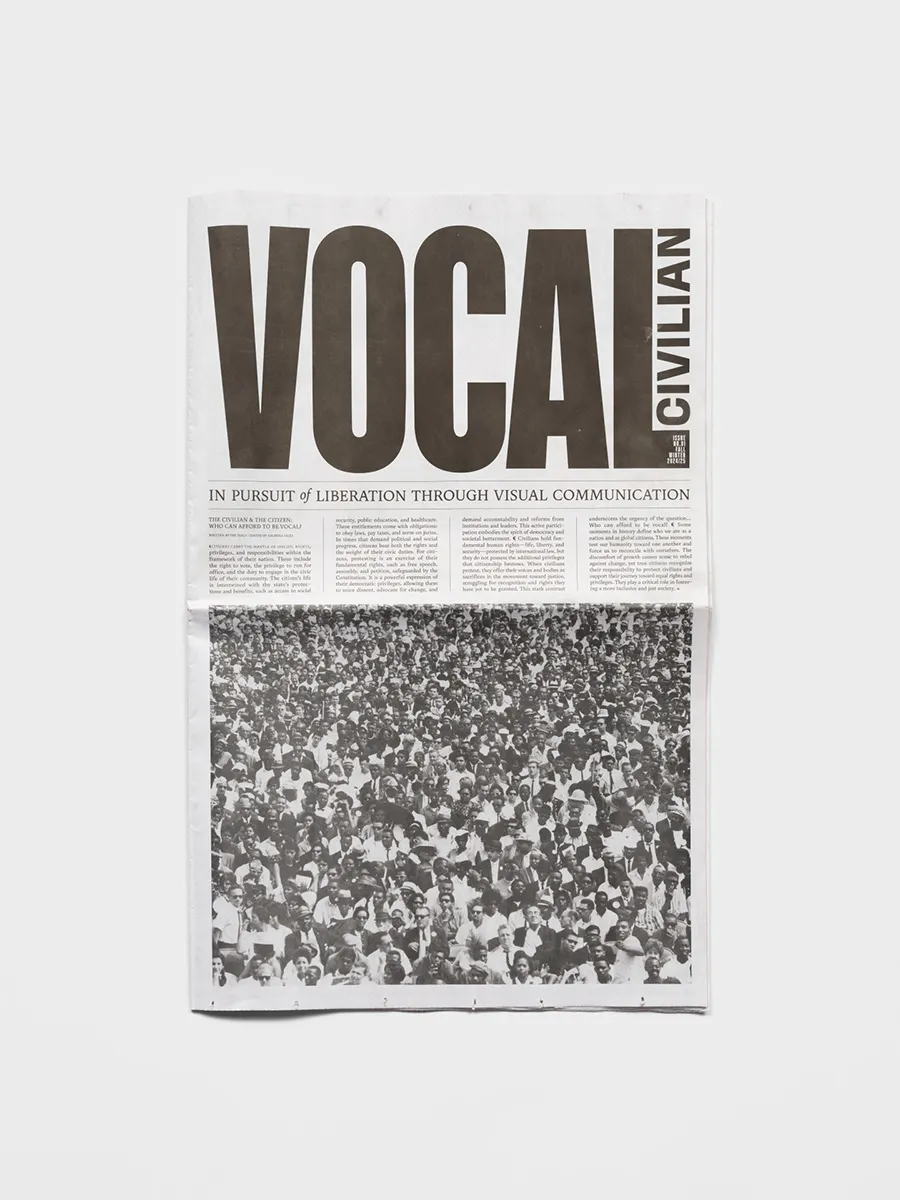 Newspaper front titled “Vocal Civilian” with a black and white photograph of a crowd of people.