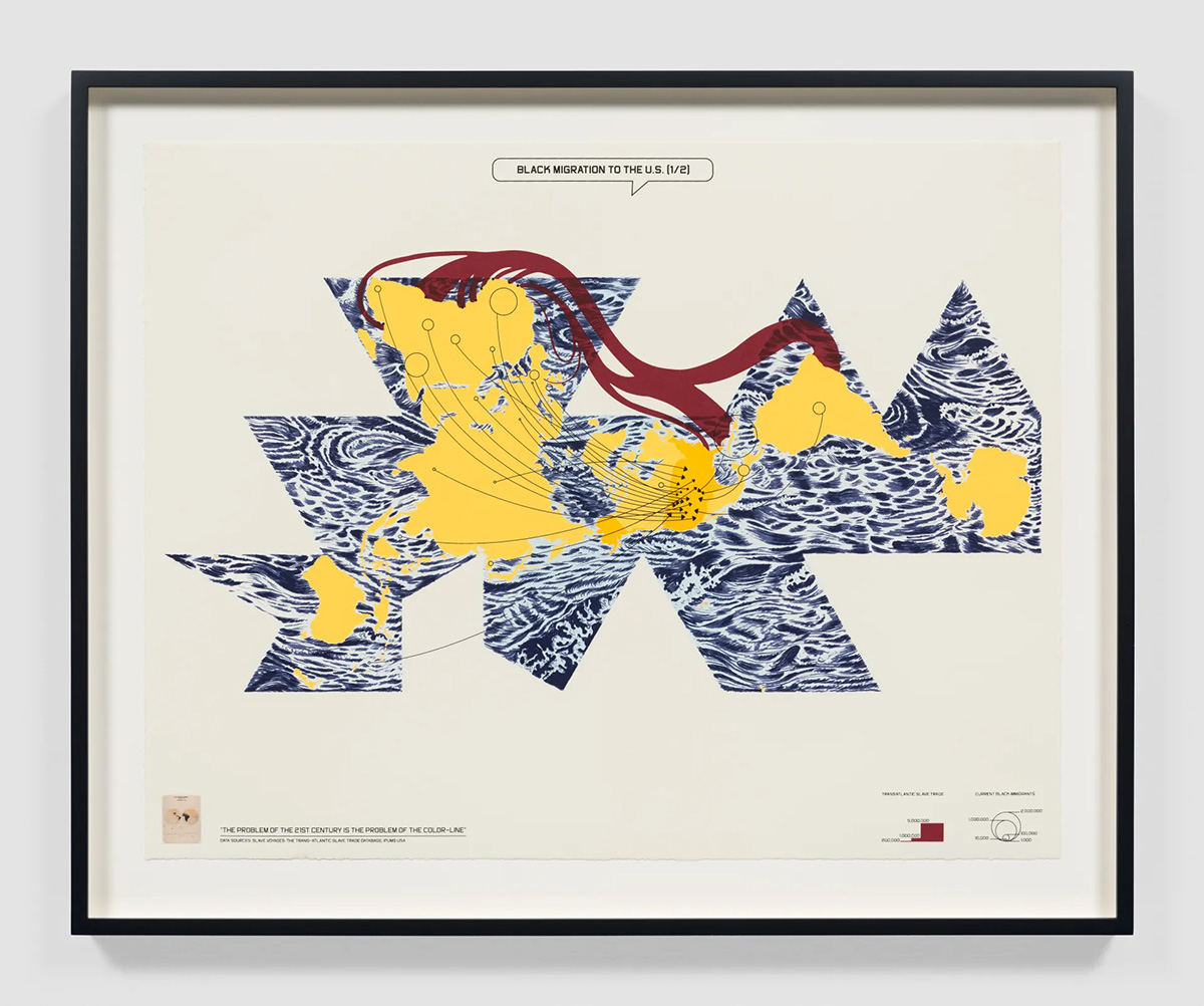 A world map depicting the Transatlantic slave trade and current Black migration patterns.