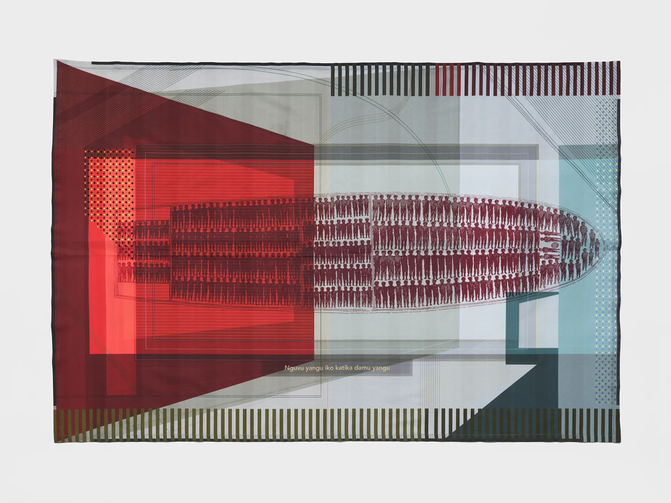 A digital print on fabric featuring figures occupying the floorplan of a ship.