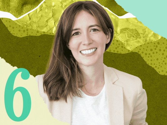 Smiling woman in a beige blazer against a textured green and yellow collage background with a number six.