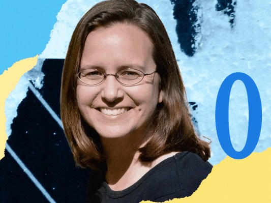 Smiling woman in a black top and wearing wire-rimmed glasses against a textured blue and yellow collage background with a number zero.