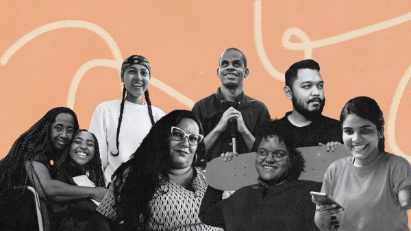 A black-and-white collage celebrating disability rights and inclusion. It features a diverse group of smiling individuals, including people with visible and invisible disabilities, such as a wheelchair user and a man with a white cane. This visual emphasizes empowerment, accessibility, and diverse representation.