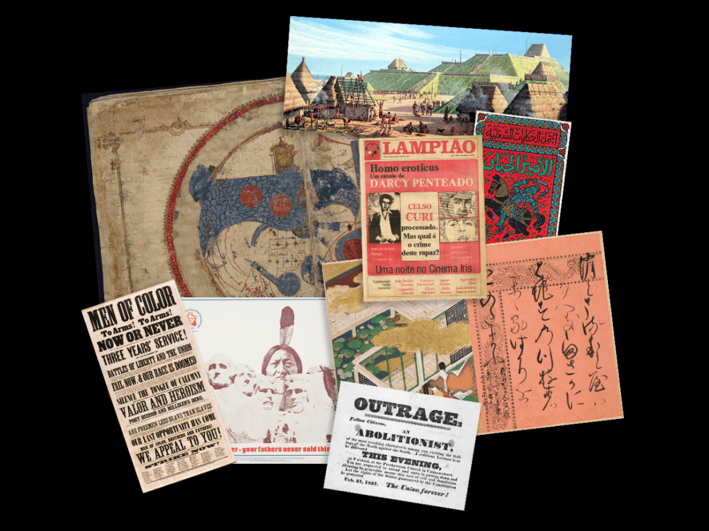 A collage of maps, posters, and images with various colors, scripts and fonts.