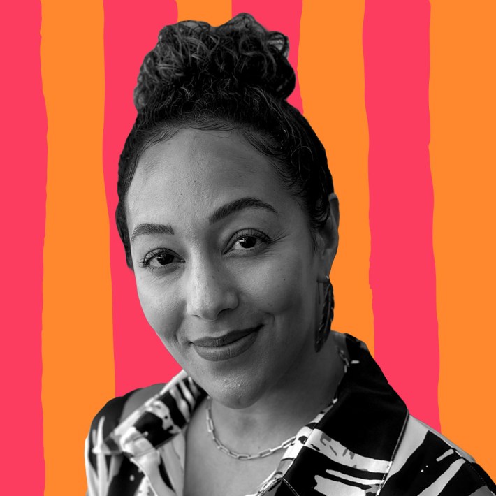 B&W Picture of Dani Ayers against a magenta and orange graphic background.