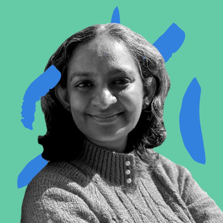 B&W Picture of Divya Varma against a green and blue graphic background.