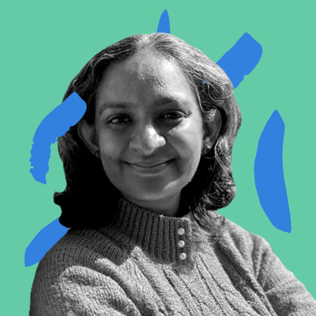 B&W Picture of Divya Varma against a green and blue graphic background.