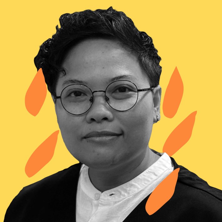 B&W Picture of Fainta Negoro against a yellow and orange graphic background.