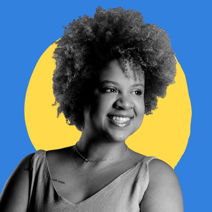 B&W Picture of Gabriela Chaves against a blue and yellow graphic background.