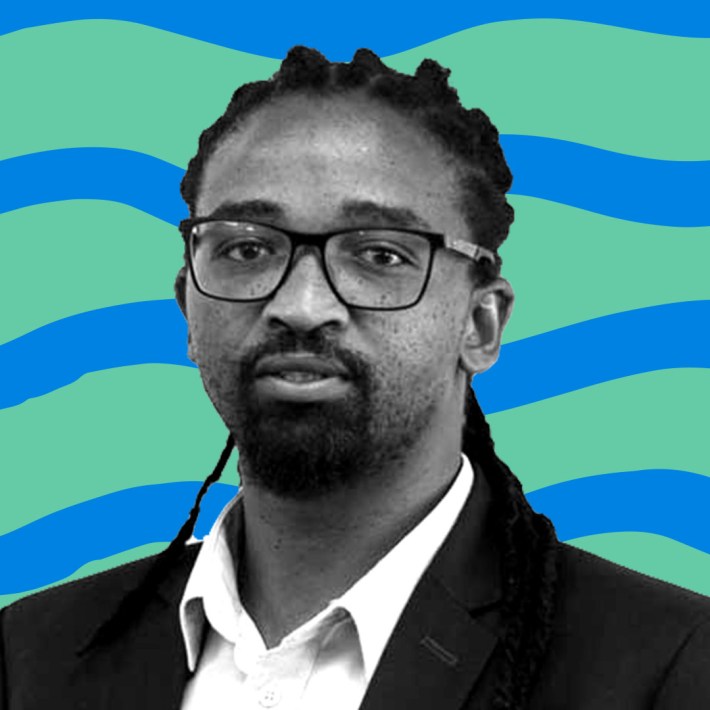 B&W Picture of Jeremy Maarman against a blue and green graphic background.
