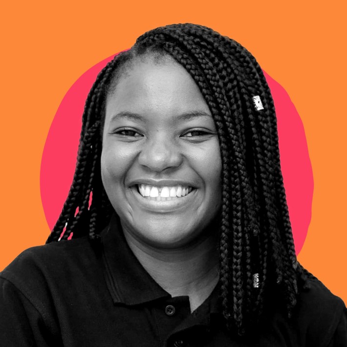 B&W Picture of Joy Hayley Munthali against an orange and magenta graphic background.