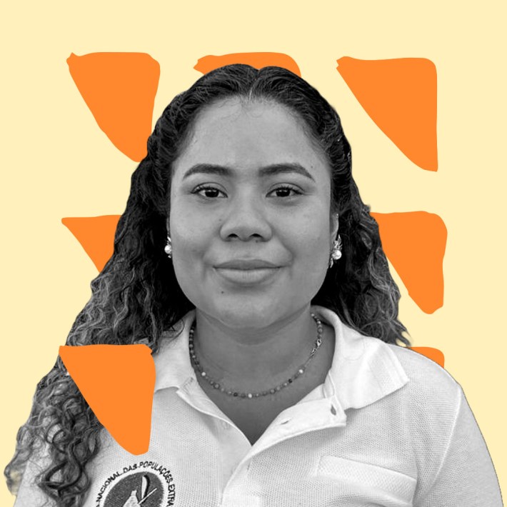 B&W Picture of Letícia Santiago de Moraes against a yellow and orange graphic background.