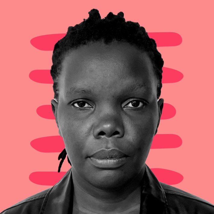 B&W Picture of Lydia Namubiru against a pink and red graphic background.