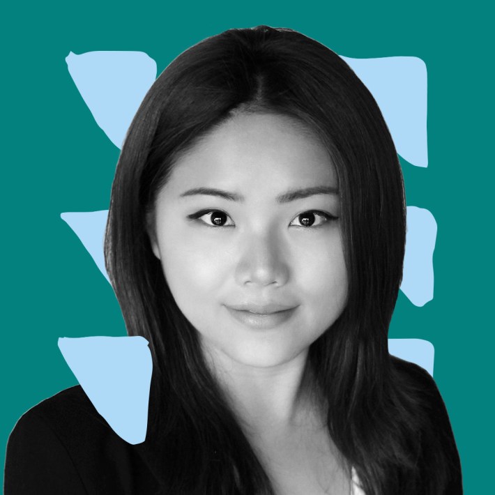 B&W Picture of Mallory Zhan against a dark green and light blue graphic background.