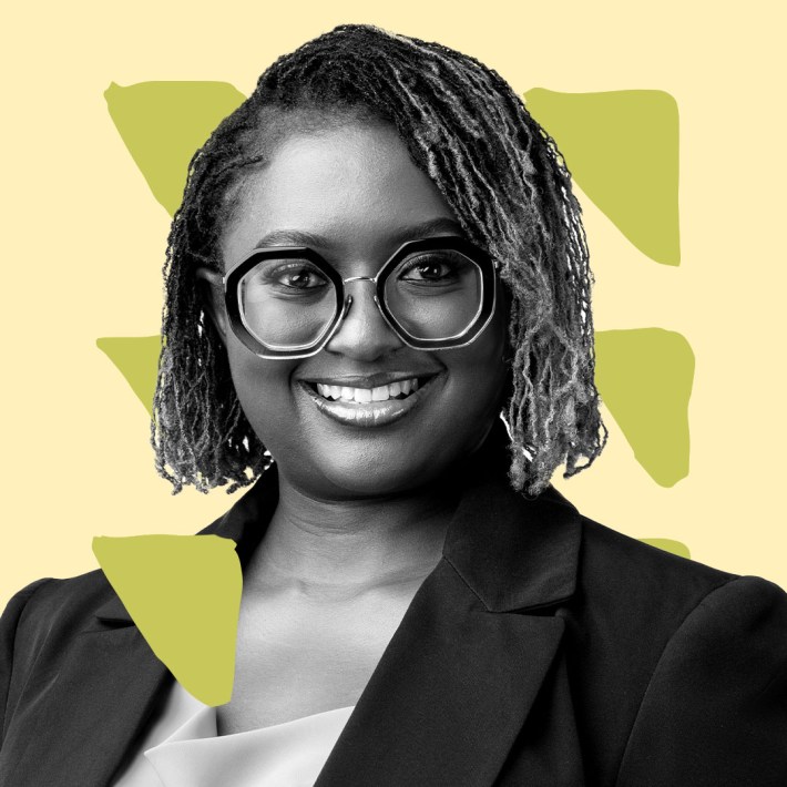 B&W Picture of Mercy Mutemi against a yellow and green graphic background.