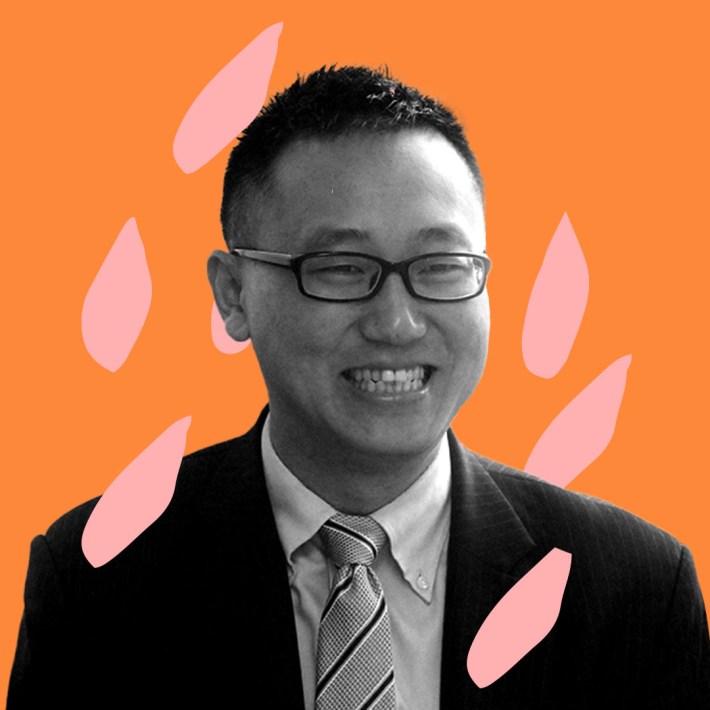 B&W Picture of Michael Liu against a orange and pink graphic background.