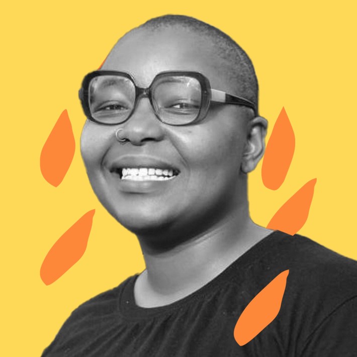 B&W Picture of Noncedo Madubedube against a yellow and orange graphic background.