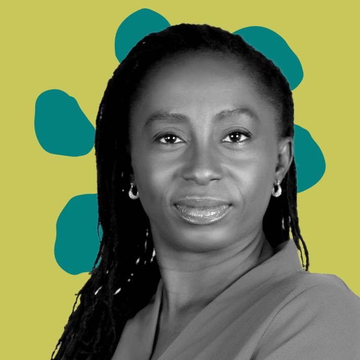 B&W Picture of Odun Orimolade against a light and dark green graphic background.