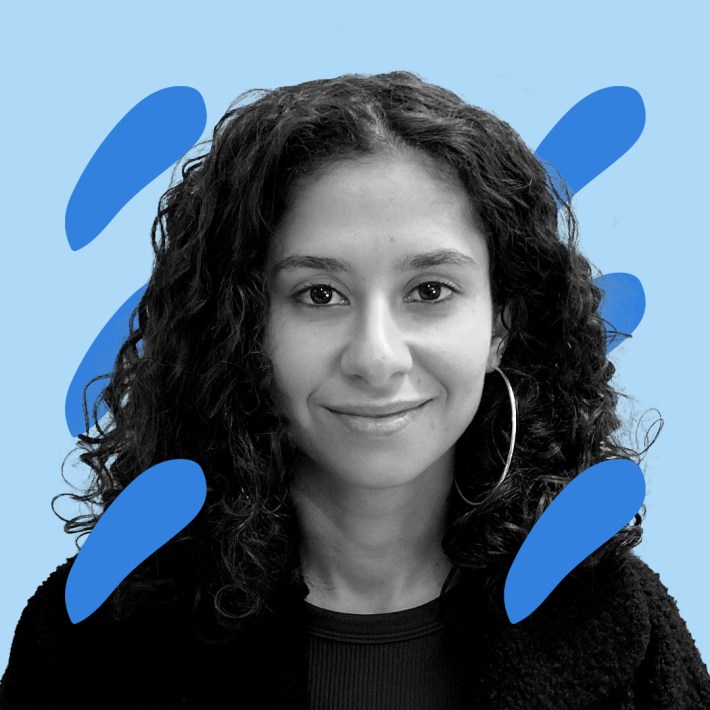 B&W Picture of Racha Ghanem against a light blue and blue graphic background.