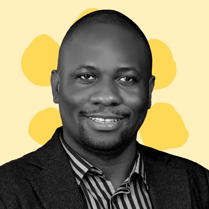 B&W Picture of Rasak Adekoya against a light and dark yellow graphic background.